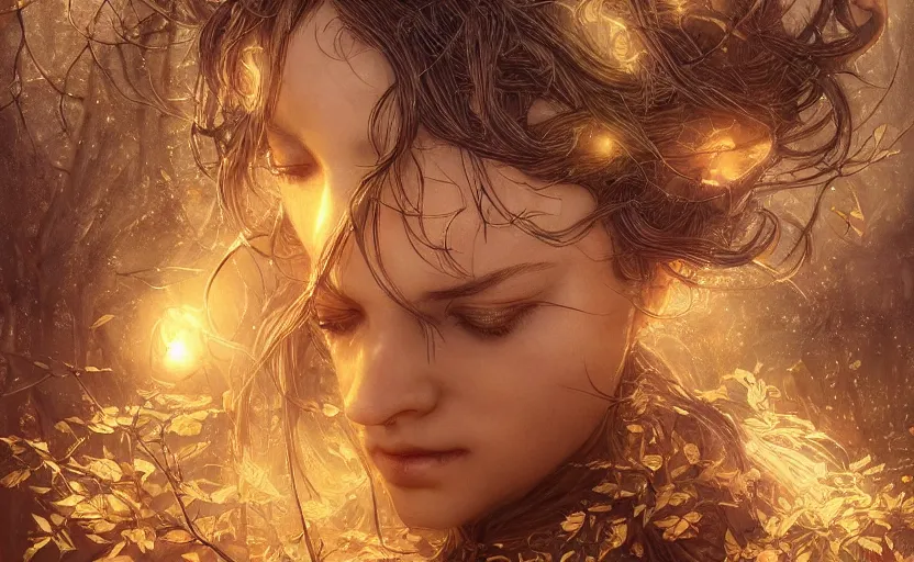 Image similar to golden leaves at frame border, creative!!! composition for a book cover!!!, absurdly beautiful, ultrafine hyperrealistic detailed old witch face by wlop and artgerm and greg rutkowski, intricate linework, sharp focus, smooth, octopath traveler, final fantasy, unreal engine, dramatic lighting, ethereal, 8 k