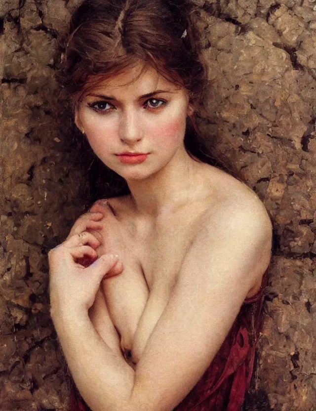 Image similar to tempting peasant girl with deep seductive décolleté looking in the camera, on a village, high angle view, portrait, Cinematic focus, Polaroid photo, vintage, neutral colors, soft light, foggy, by Steve Hanks, by Serov Valentin, by lisa yuskavage, by Andrei Tarkovsky 8k render, detailed, oil on canvas