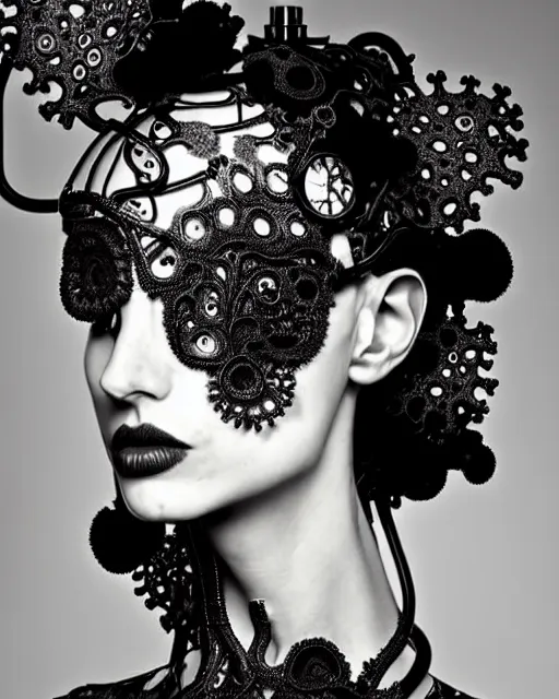 Image similar to surreal black and white photo portrait of complex bio-mechanical beautiful young female vegetal-cyborg with a Mandelbrot fractal steampunk metal fine lace face, a very long neck and a fine metal floral foliage super big lace collar by Alexander McQueen:: smoke, high fashion, haute couture, rococo, steampunk, silver filigree details, anatomical, facial muscles, cable wires, microchip, elegant, dreamy, foggy atmosphere, hyper realistic, 150 mm lens, soft rim light, octane render, unreal engine, picture was taken in 1910 by Man Ray, volumetric lighting, dramatic light,8k,