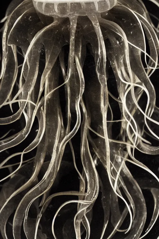 Prompt: a beautifully carved intricate marble statue of a jellyfish, black background, product photography