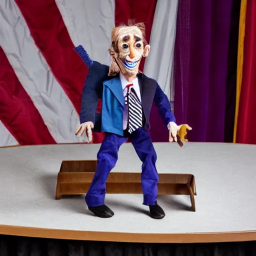 Image similar to crazy puppeteer using marionette of a president in a podium