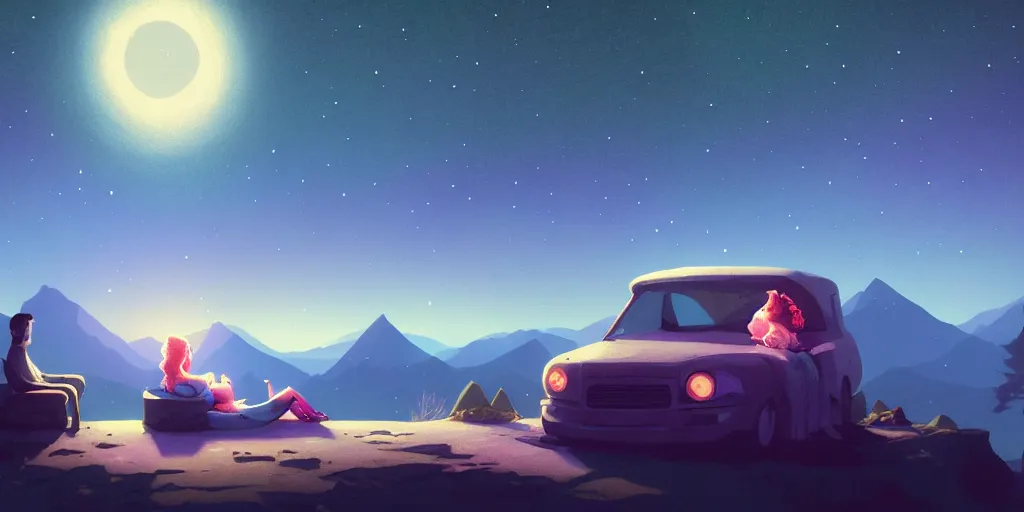 Prompt: a man and a woman sleeping in the car standing in mountains, stars shining, blue mountain lake. cute, illustration, digital art, inspired by little big planet, by greg rutkowski, detailed, sharp, masterpiece, highly detailed, photorealistic, octane render, 8 k, unreal engine 5, trending on artstation