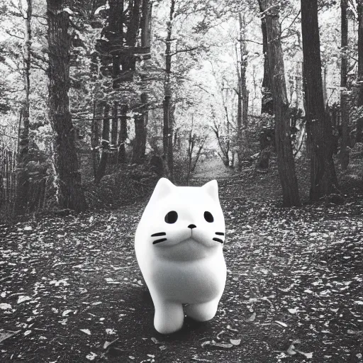 Prompt: tubbs from neko atsume walking through the woods, b & w