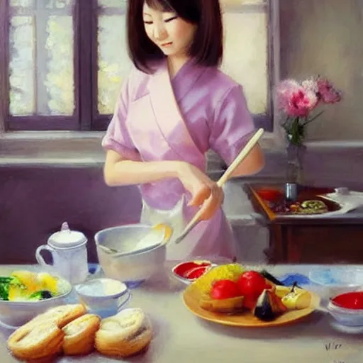 Image similar to beautiful Japanese wife making breakfast, painting by Vladimir Volegov