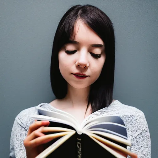 Image similar to a girl reading a book, modelsociety, radiant skin, huge anime eyes, RTX on, perfect face, intricate, Sony a7R IV, symmetric balance, polarizing filter, Photolab, Lightroom, 4K, Dolby Vision, Photography Award