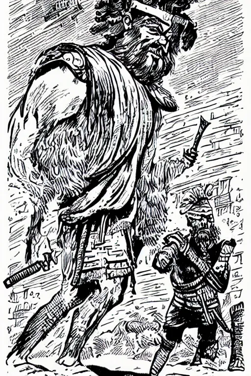 Image similar to ancient historically accurate depiction of the Bible Character Goliath of Gath, the Philistine warrior giant by mcbess