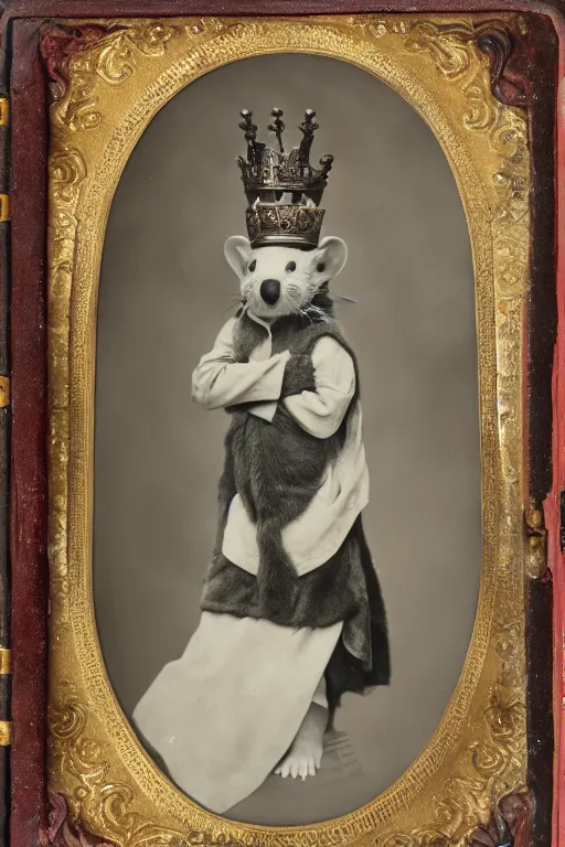 Image similar to a wet plate photo of an anthropomorphic ferret king, wearing a crown, wearing a robe