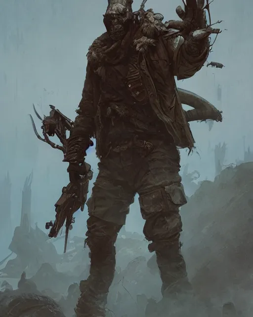 Image similar to hyper realistic photo of postapocalyptic demon, full body, cinematic, intircate, artstation, cgsociety, greg rutkowski, james gurney, mignola, mucha, hokusai, craig mullins, brom