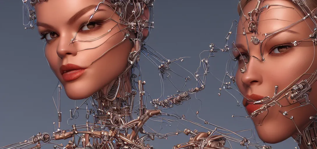 Prompt: beauty woman made of small cubes and wires, very detailed, dramatic lighting, mechanical details, electrical details, high details, 4k, 8k, trending on artstation, by Hajime Sorayama and Boris Vallejo