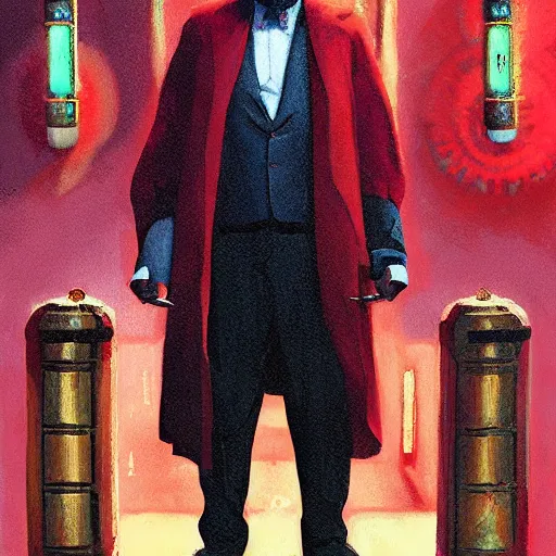 Prompt: timelord dr. dave chapelle telepathic space entity wearing a smoking jacket and fez emerges from the front gate of his palatial abode ross tran mandy jurgens guillem h. pongiluppi craig j. spearing giorgio chirico jamie wyeth greg rutkowski tombow