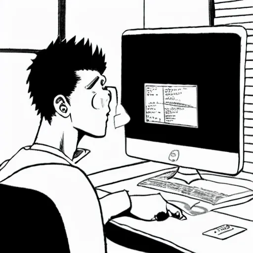 Prompt: portrait of bored saitama sitting in front of a computer by yusuke murata and mcbess