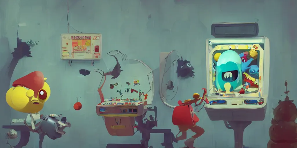 Prompt: cute cartoon monster playing pinball by goro fujita and simon stalenhag and wes anderson and alex andreev and chiho aoshima and beeple and banksy and kandinsky and magritte and basquiat and picasso, 8 k, trending on artstation, hyper detailed, cinematic