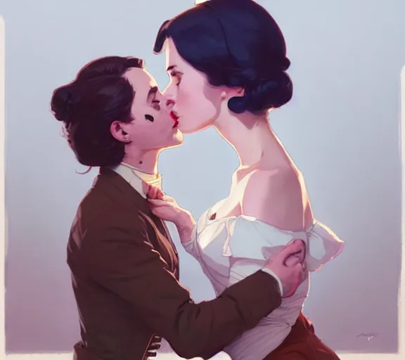 Image similar to portrait of elizabeth kissing darcy by atey ghailan, by greg rutkowski, by greg tocchini, by james gilleard, by joe fenton, by kaethe butcher, dynamic lighting, gradient light blue, brown, blonde cream and white color scheme, grunge aesthetic