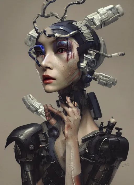 Image similar to portrait of a futuristic geisha cyborg, matte painting, cinematic lighting, unreal engine, in the style of ghost in the shell, kintsugi, modern fine art, fractal, intricate, elegant, highly detailed, digital photography, subsurface scattering, by jheronimus bosch and greg rutkowski,