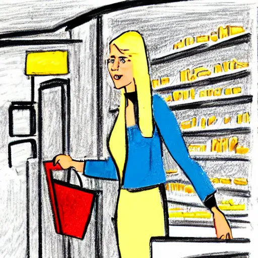 Prompt: drawing of a rich blonde woman buying bread in a supermarket