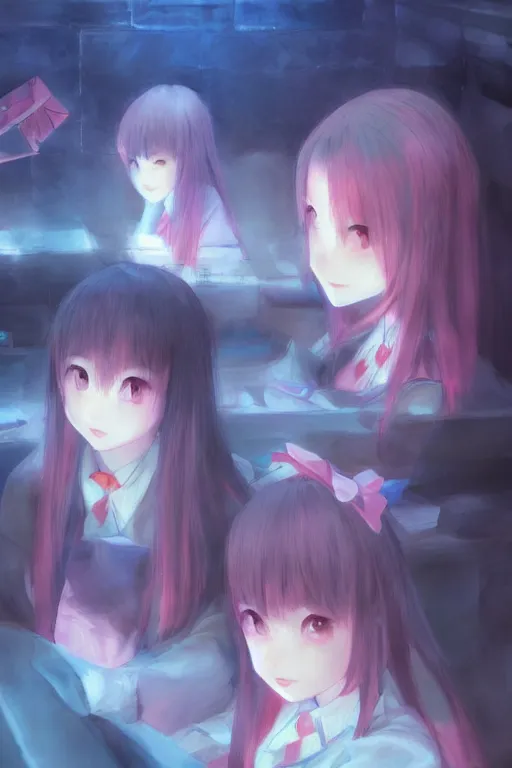 Prompt: 3d infrared octane render concept art by Mo Xiang Tong Xiu, by Igarashi Daisuke, by makoto shinkai, cute beauty cozy portrait anime sad schoolgirls under dark pink and blue tones, mirror room. light rays. deep water bellow. beautiful and cutest sad faces. dramatic deep light, trending on artstation, oil painting brush