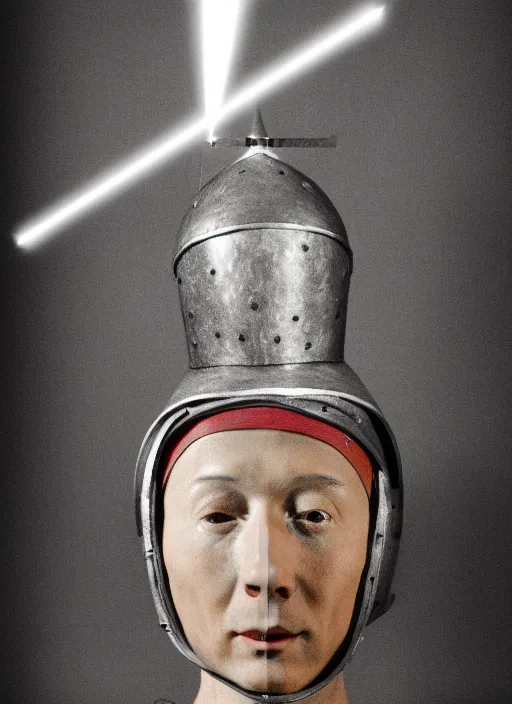 Image similar to realistic photo of a a scientist ritual monk medieval cone hat helmet made of wood, with plastic details detailed, covered in tesla electricity lasers aura, greyscale 1 9 9 0, life magazine photo, natural colors,