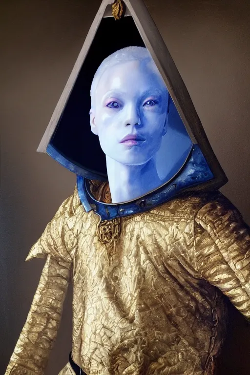 Image similar to hyperrealism oil painting, close - up portrait of albino medieval fashion model, knight, steel gradient mixed with nebula sky, in style of baroque