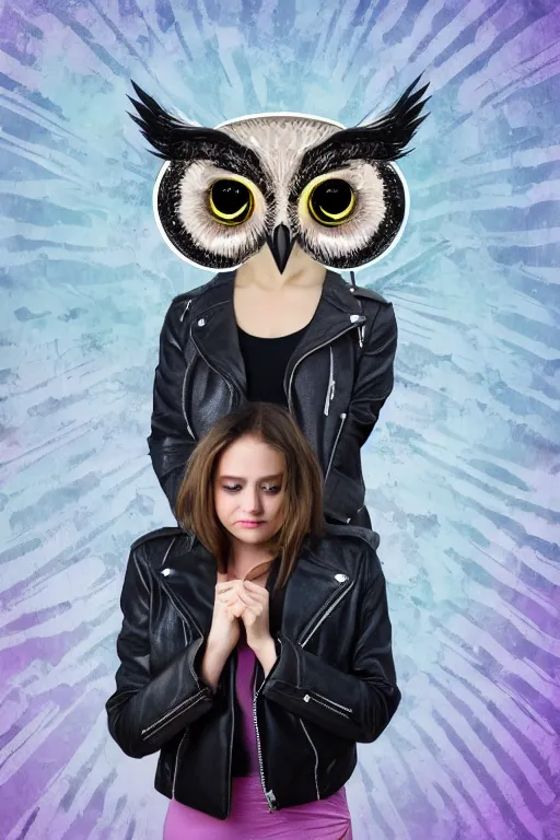 Image similar to cute little owl wearing black biker jacket, portrait photo, backlit, studio photo, pastel swirls background