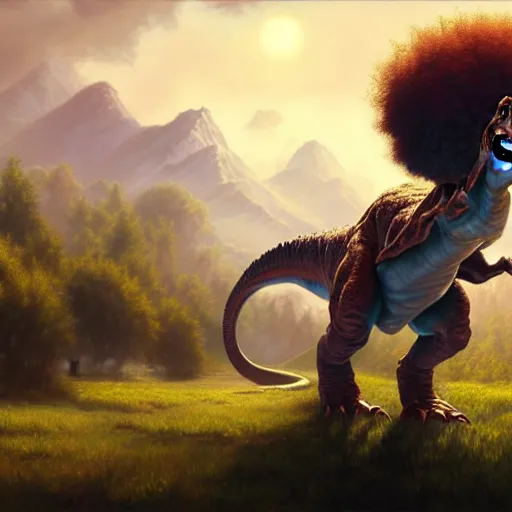 Image similar to bob ross!!! riding!!! a dinosaur!!, giant afro!, model pose, ultra realistic, concept art, intricate details, highly detailed, photorealistic, octane render, 8 k, unreal engine octane render art by artgerm and greg rutkowski and alphonse mucha