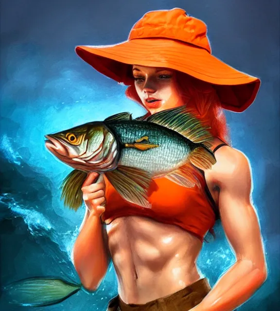 Prompt: muscular female fisherman holding giant fish, perfect face, bucket hat, orange halter top, ginger hair, abs, cinematic, blush, stunning, athletic, strong, agile, highly detailed, psychedelic, digital painting, artstation, smooth, hard focus, illustration, art by jessica rossier and and brian froud