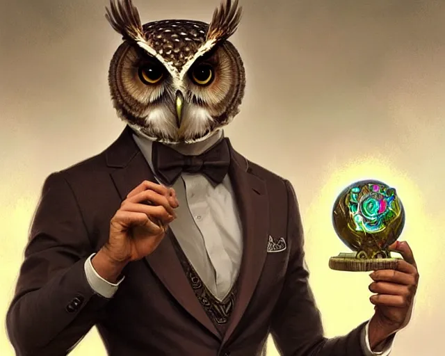 Prompt: a smart owl with a smart suit in a smart atmosphere, deep focus, d & d, fantasy, intricate, elegant, highly detailed, digital painting, artstation, concept art, matte, sharp focus, illustration, hearthstone, art by artgerm and greg rutkowski and alphonse mucha
