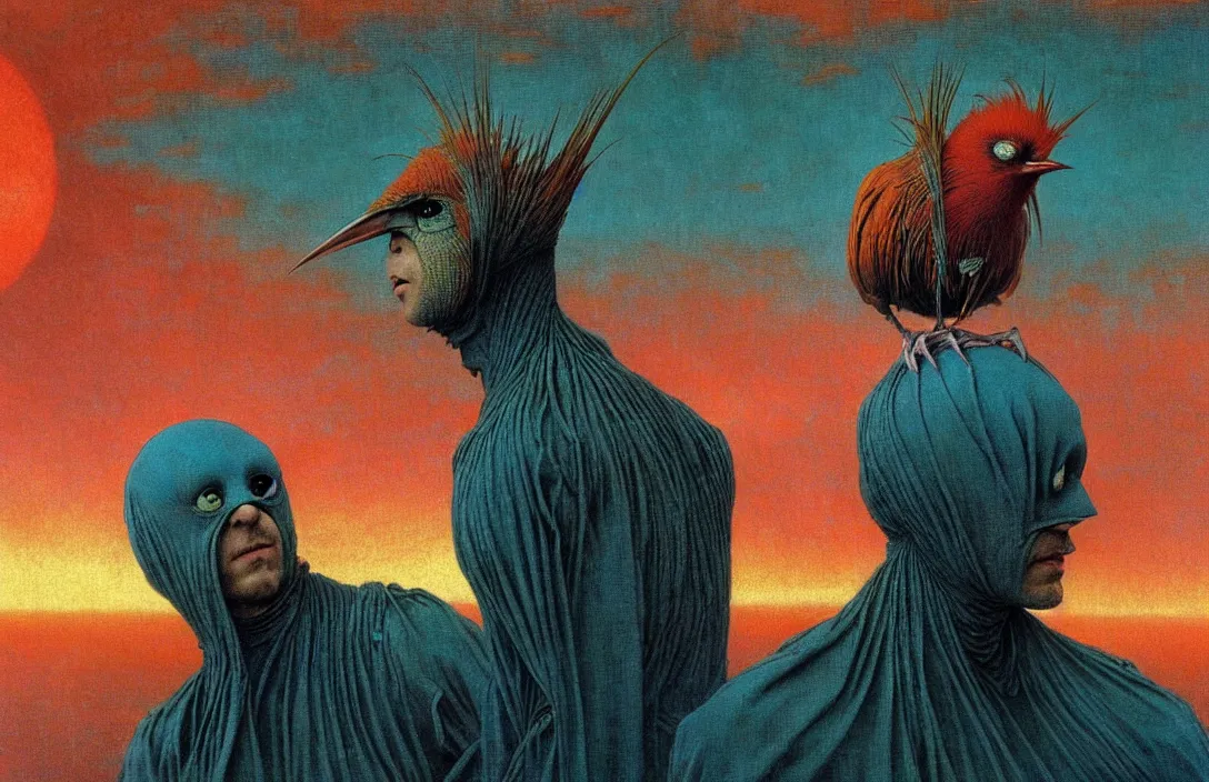 Image similar to realistic detailed portrait movie shot of a birdman wearing dark ragged robes, sci fi city sunset landscape background by denis villeneuve, amano, yves tanguy, alphonse mucha, ernst haeckel, max ernst, roger dean, masterpiece, rich moody colours, bird head, blue eyes