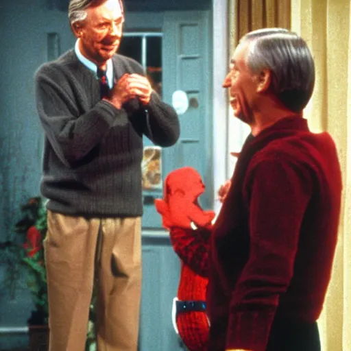 Prompt: Mr. Rogers hanging out with Jason Voorhees from the movie Friday the 13th