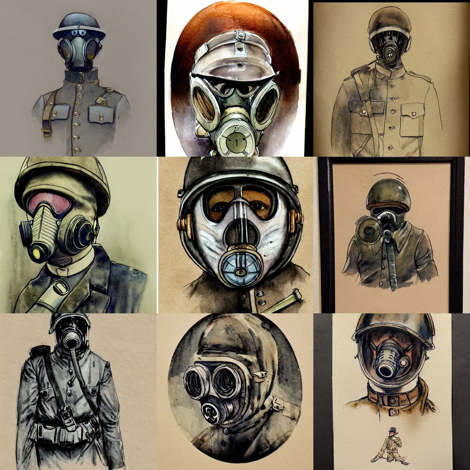 Image similar to beautiful aesthetic inspirational masterful professional ink pen and watercolor sketch of a 1 9 1 0 s soldier in gas mask, ultra detailed, fine details, trending on artstation, high quality paper