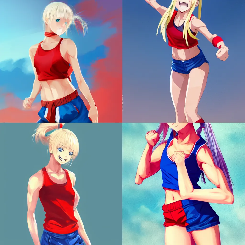 Prompt: A short and athletic young woman with blonde ponytails, a determined smile, wearing a red tank top and wide, roomy blue pants. Fighting shonen anime, digital painting by WLOP