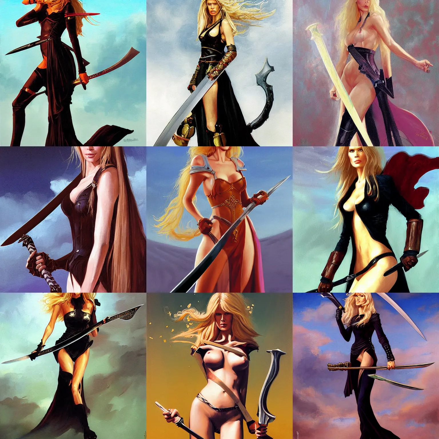 Prompt: claudia schiffer as a swordswoman painted by brom fantasy art