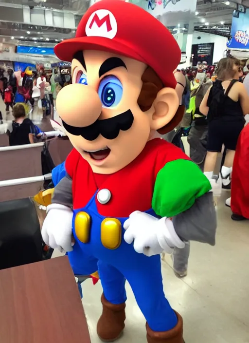 Image similar to bad super Mario cosplay photo, comic con