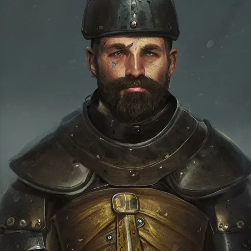 Prompt: Closeup of frustrated male medieval sergeant with a {short} beard wearing a black!!!! and yellow tabard over a steel breastplate and a black gambeson with no helm, intricate, dramatic lighting illustration by Greg Rutkowski, ArtStation, digital art, fantasy