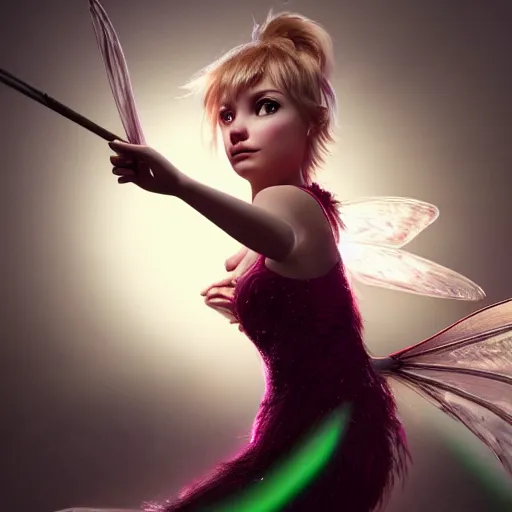 Image similar to full body pose, hyperrealistic photograph of tinkerbell, dim volumetric lighting, 8 k, octane beautifully detailed render, extremely hyper detailed, intricate, epic composition, cinematic lighting, masterpiece, trending on artstation, very very detailed, stunning, hdr, smooth, sharp focus, high resolution, award, winning photo, dslr, 5 0 mm