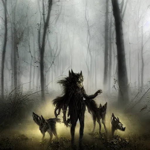 Prompt: aspectacular moody fantasy painting, spectral figures coming out of the fog with their pack of wolves, leaves and feathers twisted in their hair, moss growing on their clothes, destructive magic pulsing at their fingertips, cgsociety art