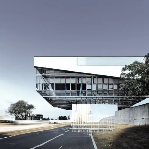 Prompt: second story cantilevered white brutalist office on top of 2 large piers, large windows, elegant, white stone, proportion, golden ratio, epic composition, steel window mullions, digital illustration, cars parked underneath 1 6 : 9