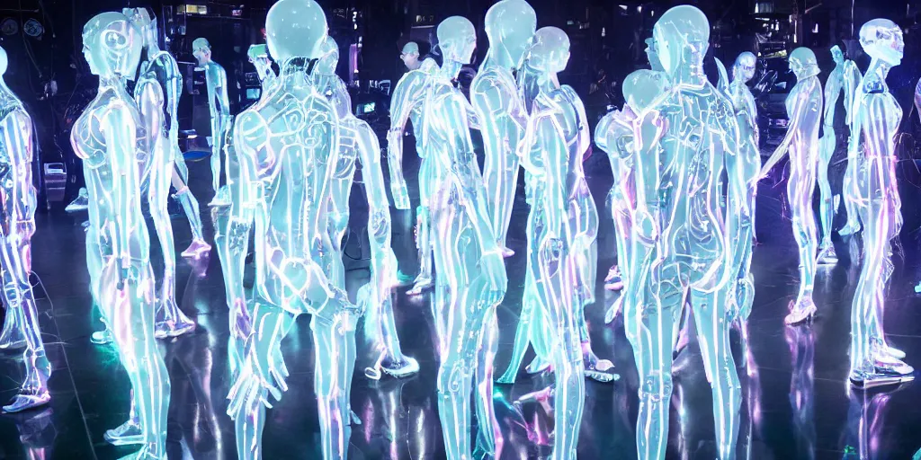 Image similar to groups of androids with glowing electronic bodies, from behind, rebirth, beauty, wide angle, elaborate, wet, highly detailed, colors, beautiful lighting