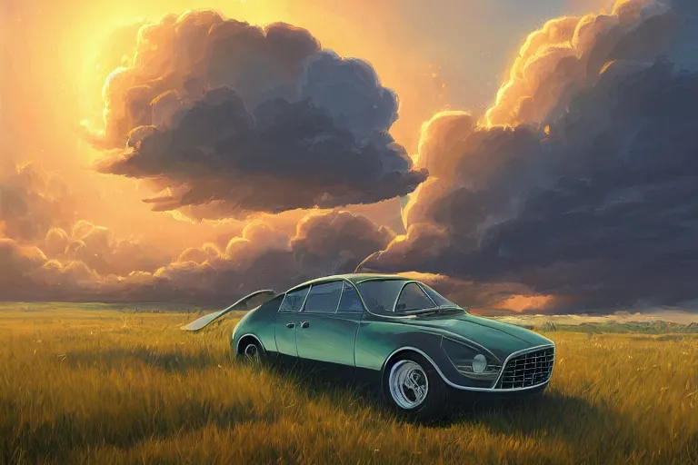 Prompt: hyperdetailed towering thunderhead, grassy plain, sunset, flying hyperdetailed 1 9 6 7 ferrari, nausicaa, digital painting, artstation, by lois van baarle, studio ghibli, alejandro burdisio