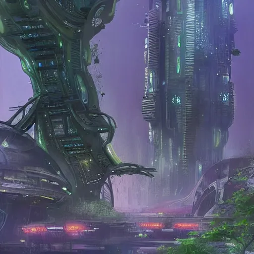 Image similar to Beautiful overgrown futuristic sci-fi city in harmony with nature. Nice colour scheme, soft warm colour. Beautiful detailed watercolor by Lurid. (2022)