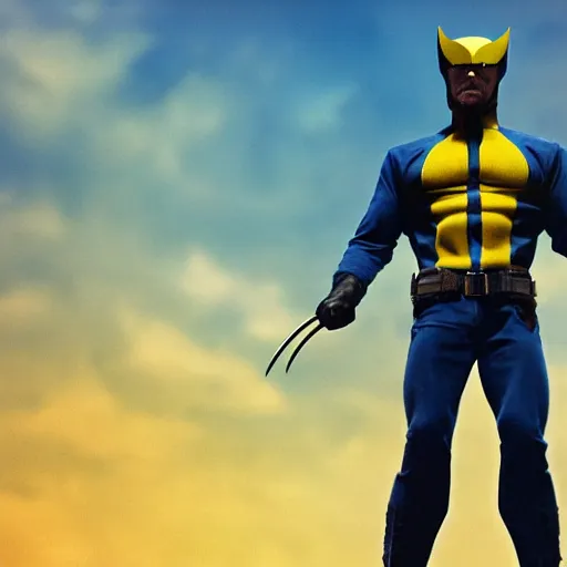 Image similar to clint eastwood as wolverine in blue and yellow costume, octane render, beautiful composition, trending on artstation, award - winning photograph, masterpiece