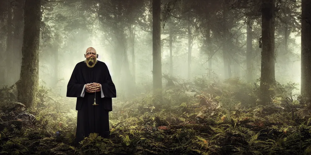 Image similar to a awardwinning wideangle colorchrome photo of a screaming old priest, long beard with 6 eyes, praying. in a forest surrounded by huge mushrooms, beautiful cinematic atmospheric lightning, style Steve McCurry, octane 8k render