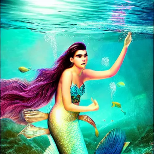 Image similar to Dua Lipa as a mermaid, underwater, colorfull, high detail, cinematic, digital art