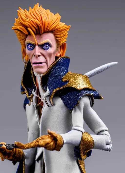 Image similar to product photography of a claymation action figure david bowie as jareth the goblin king, labyrinth depth of field, zeiss lens, detailed, centered, by jim henson, erwin olaf, joop geesink, breathtaking, 8 k resolution, extremely detailed, beautiful, establishing shot, hyperrealistic