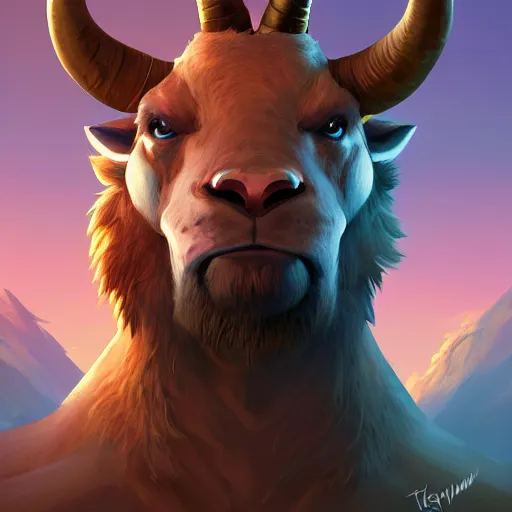 Image similar to Portrait of an antropomorphic ram warrior, long ram horns and dark brown goatee, fierce and wild look, mattepainting concept Blizzard pixar maya engine on stylized background splash comics global illumination lighting artstation lois van baarle, ilya kuvshinov, rossdraws