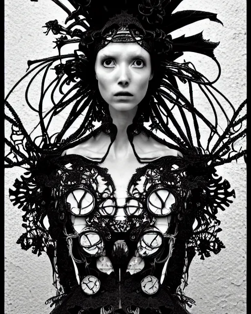 Image similar to surreal black and white photo portrait of complex bio-mechanical beautiful young female vegetal-cyborg with a Mandelbrot fractal steampunk metal fine lace face, a very long neck and a fine metal floral foliage super big lace collar by Alexander McQueen:: smoke, high fashion, haute couture, rococo, steampunk, silver filigree details, anatomical, facial muscles, cable wires, microchip, elegant, dreamy, foggy atmosphere, hyper realistic, 150 mm lens, soft rim light, octane render, unreal engine, picture was taken in 1910 by Man Ray, volumetric lighting, dramatic light,8k,