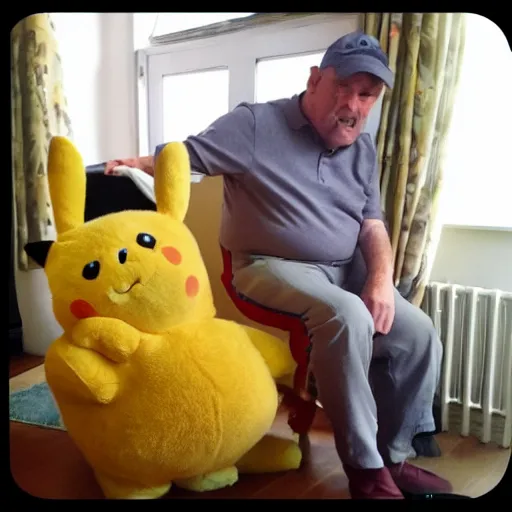 Prompt: My Welsh dad accidentally taking a selfie while sitting on pikachu shaped armchair