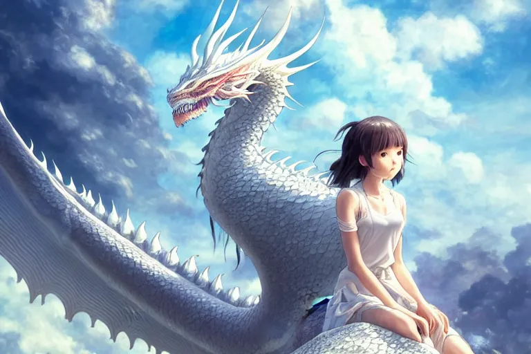 Image similar to the beautiful hyper detailed big scene render that a beautiful girl sitting on the back of a huge silver white dragon alone in fairyland surrounded by white clouds, finely detailed angelic face delicate features, style of studio ghibli, makoto shinkai, artgerm, karol bak, kazuki tanahashi, james jean, ross tran, xision, ultra wide angle