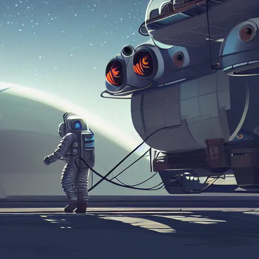 Image similar to ilustration astronaut unloading the spaceship before camping, characterized by roman shipunov, etienne hebinger, atey ghailan, cgsociety, cynical realism, fantasy art, 2 d game art