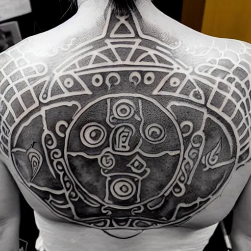 Image similar to A photograph of a tattoo of a holy ice cream cone, in a circle of glyphs, on the back of a woman's shaved head