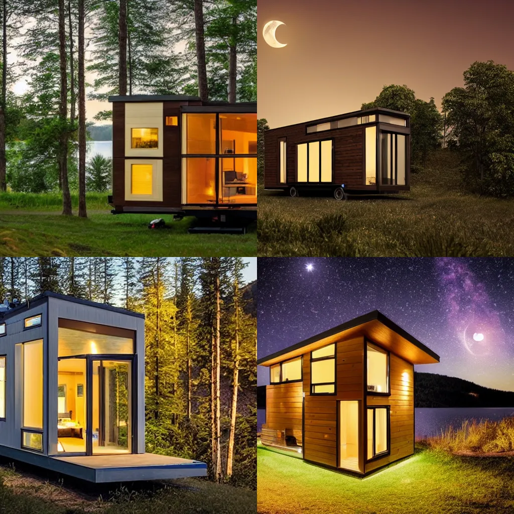 Prompt: modern tiny house with floor to ceiling windows on top of a hill near a lake, night time, moon in sky, many stars